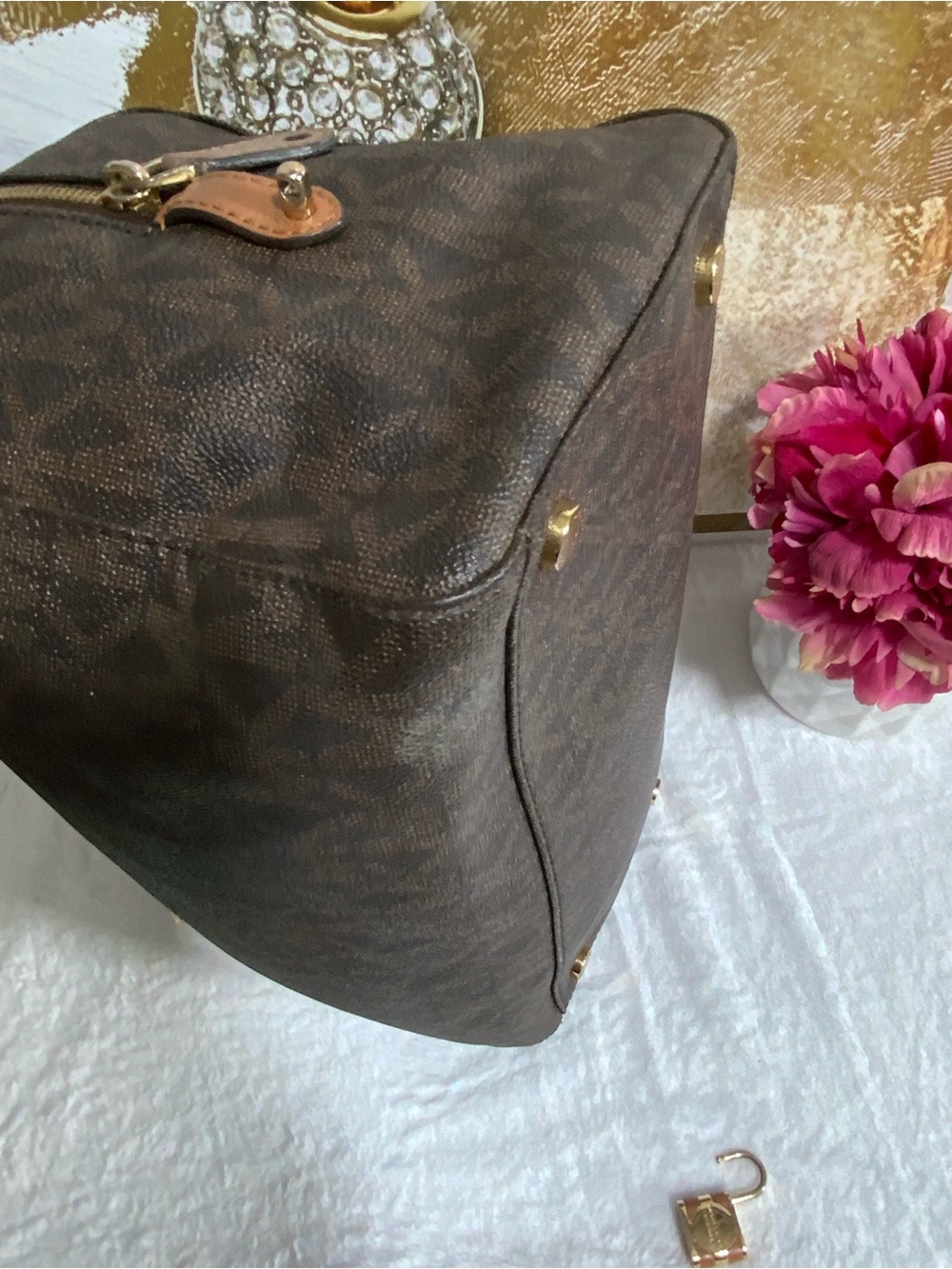 Michael Kors Dark Brown Monogram Satchel with Tan Handles - Picture 11 of 14